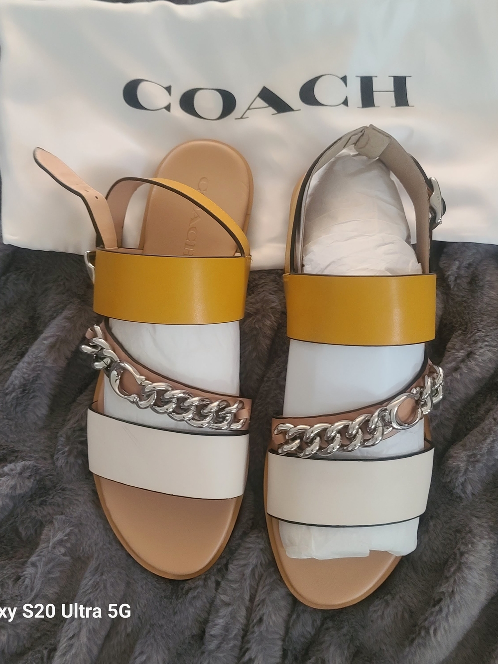 COACH Women's Two-Tone Chain Strap Sandals in Mustard & Cream
